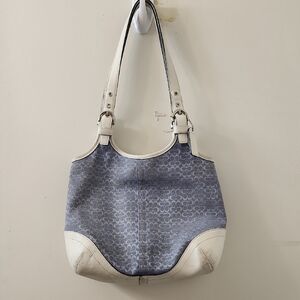 Gray Blue Chevron Shoulder Bag with White Leather Accents